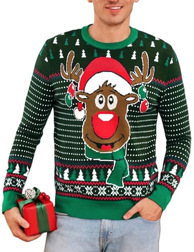 Leversic Hässliche Weihnachtspullover Herren Ugly Sweater | Christmas Sweater Rentier Schneeflocken Lustige Weihnachtspulli Warme Strickpulli für Männer