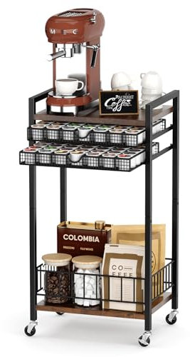 Emfogoo Contenitore per capsule di caffè, cassetto per 84 cialde di caffè, carrello da caffè con ruote, elegante casa o ufficio, colore marrone rustico