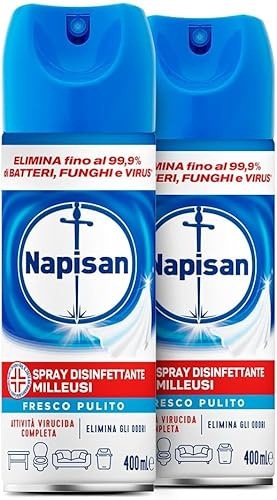 Napisan Spray Disinfettante Milleusi, Disinfettante Spray per Tessuti e Superfici, Fragranza Fresco Pulito, 2 Spray da 400ml (Confezione da 2)