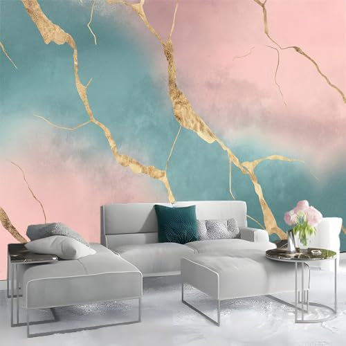 3D Papier Peint Fissures DoréEs Marbre Papier peint panoramique Bleu Rose - Pour Salon Chambre Chambre D'Enfant Décoration Murale Poster 400 x 280 CM