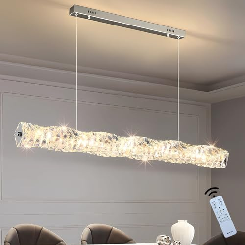 J.SUNUN Dimmbare LED Pendelleuchte Moderne Hängeleuchte Schlafzimmer Pendellampe Höhenverstellbar Wohnzimmer Kristall Kronleuchter Lampe für Esstisch Esszimmer Küche Leuchte Silbrig 100CM