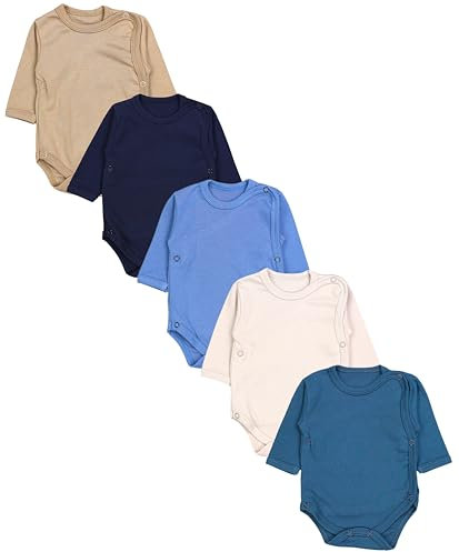 TupTam Baby Body Langarm – Wickelbody Langarm im 5er Pack aus Baumwolle für Mädchen und Jungen, Farbe: Beige Hellbeige Petrolgrün Jeansblau Dunkelblau, Größe: 80
