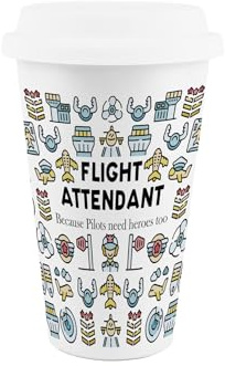 Purely Home Flight Attendant Ceramic Travel Mug - Novelty Cabin Crew Gifts/Presents - Reusable Silicone Lid Double-Walled Insulated Drinks Flask Cup