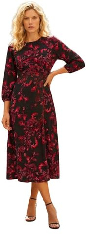 Roman Women Gathered Chest Dress Ladies Stretchy Fit & Flare Swing Tea A Line Skater Knee Length Long Sleeve Midi Smart Casual Work Going Out Cocktail Party