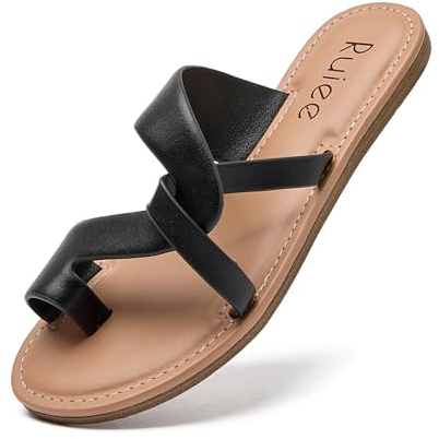 Ruiee Women's Flat Slides Sandals,Flip Flop Thong Summer Cool Beach Shoes Slip On Strapy Sandal for Women.22003 Black PU Size4
