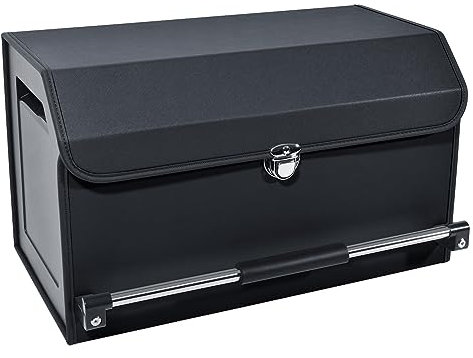 XCF Premium Leder Auto Kofferraum Organizer mit Deckel & Stabilem Griff | 45L Multifunktionale Kofferraumtasche mit Fächern - Ideales für Reisen, Einkaufen & Alltag(Schwarz, 52 * 29 * 31CM)