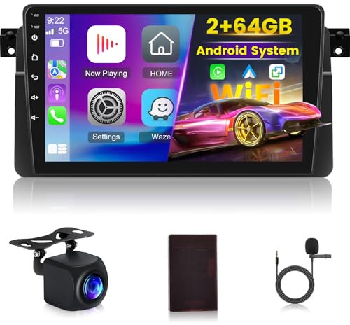 [2+64G] Android Radio de Coche para BMW E46 Series 3 1999-2005 con Inalámbrico Carplay & Android Auto - Radio con Pantalla Táctil de 9 Pulgadas con WiFi DSP FM/RDS Radio SWC + Cámara de Seguridad AHD