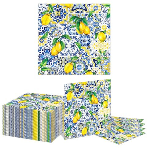 Kotkiddy 40 Stück Fliesen Zitronen Papier Servietten Blau Gelb Einmalige Servietten Dekorative Abendessen Servietten Mittagstisch Servietten für