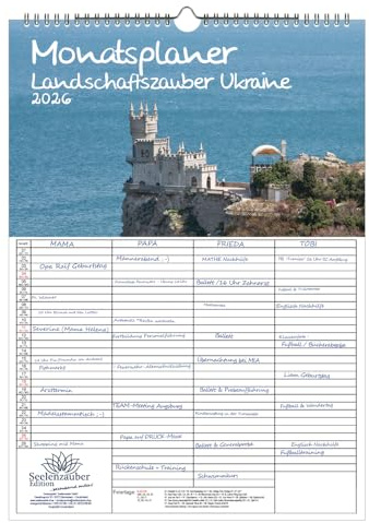 Landschaftszauber Ukraine Planer Familienplaner 4 Spaltenplaner DIN A3 Kalender für 2026 Ukraine Kiew - Set: 1x Kalender 1x Weihnachts- 1x Grußanhänger (3 Teile)