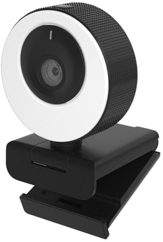 Webcam 1080P 60FPS con Micrófono, Aro de Luz, Enfoque Automático, 3 Modos de iluminación con Regulación Continua de Brillo para Videoconferencias en PC, Mac, Portátil y Tablet
