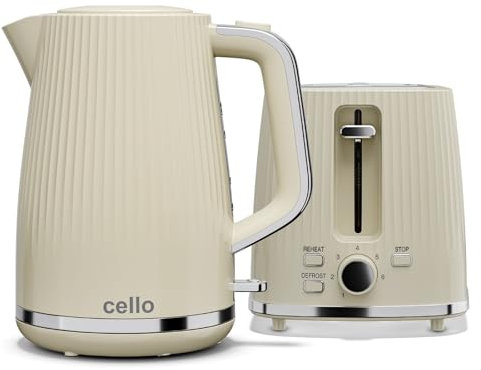 Cello Cream Breakfast Bundle: 1.7L 3000W Rapid Boil Kettle with Auto Shutoff, Cordless & Washable Filter | 850W 2 Slice Toaster with Wide Slots, 7 Browning Levels, High Lift & Illuminated Controls