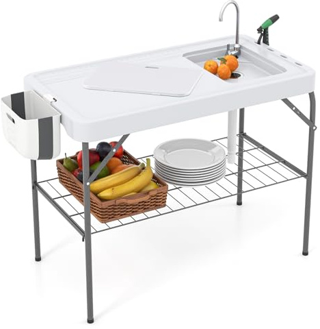 COSTWAY Tavolo da Pulizia del Pesce Pieghevole, Stazione di Lavoro da Esterno 2 in 1 con Lavello, Tavolo da Campeggio con Lavandino, Ugello a Spruzzo, per Campeggio Picnic