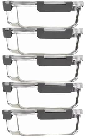 Glass Food Storage Container with Lid 5pcs, 1040ml Reusable Airtight Glass Lunch Meal Container Stackable Tableware Organization and Storage, Safe for Microwave Ovens Refrigerators Dishwashers (Gray)
