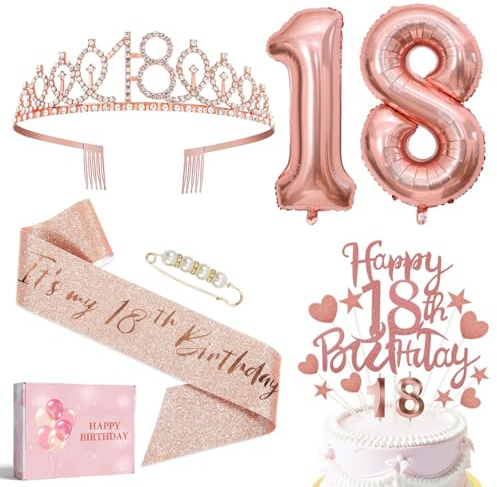 Decorazione di compleanno per ragazza 18 anni, corona e sciarpa, 18 palloncini di compleanno oro rosa, candela 18 ° compleanno decorazione regalo per fidanzata