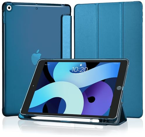4UBonLife Cover Per iPad 9a/8a/7a Generazione 10,2 Pollici 2021/2020/2019 con Portapenna, Custodia Protettiva Sottile con Retro Rigido Traslucido Guscio Case per iPad 7/8/9, Blu Pavone