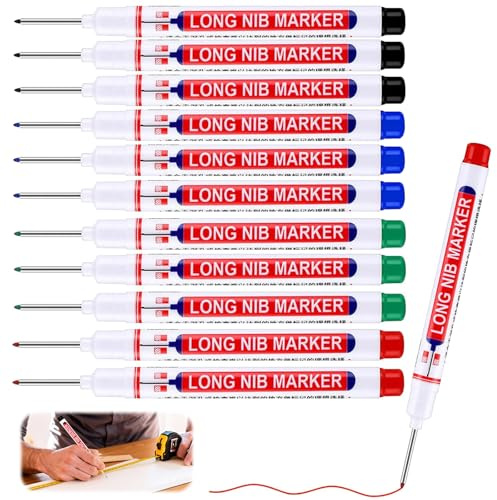 12Pcs Deep Hole Marker Pens, 22mm Long Nib Marker Pen Waterproof Quick Dry, Long Tip Construction Marker for Wood Metal Tile, Carpenter Marker Pen, Builder Marking Tool for Hard to Reach Areas