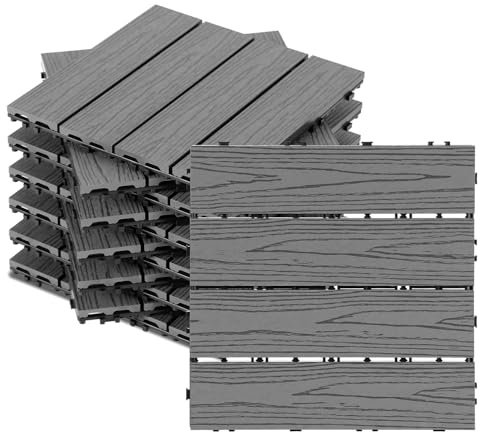 Vkechh WPC Terrassenfliesen, Klickfliesen Terrasse und Balkonfliesen in 30x30 cm Grau, 22 Stück (2 m²). Terrassendielen-Optik mit Drainage als langlebiger Bodenbelag.