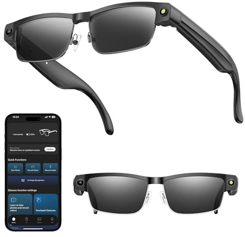 hellibito AI Smart Glasses with 8MP Anti-Shake Camera, 4K Photo & 1200P Video, Real-Time Translation, AI Image Recognition, Open-Ear Audio (Black)