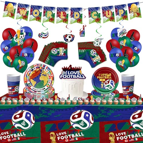 World Cup Tableware Set 2026 Party Paper Plates,Napkins,Cups,Tablecloth,Football Table Decorations107Pcs Soccer Theme Party Banner, Balloons, Cake Topper, Perfect Football Lovers Gifts for Kids Adults