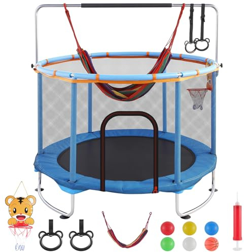 Teodute 150cm Cama Elastica Niños Exterior, Multifuncional 5 en 1 Trampolin con Columpio, Aro de Baloncesto, Anillas, Red Seguridad y Ventosas Antideslizantes, Altura Ajustable para Niños 2 a 9 Años