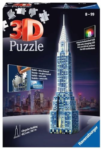 Ravensburger 3D Puzzle 12595 - Chrysler Building Night Edition - Einer der berühmtesten Wolkenkratzer New Yorks als LED beleuchtetes Gebäude Modell - für große und kleine Puzzle-Fans ab 8 Jahren