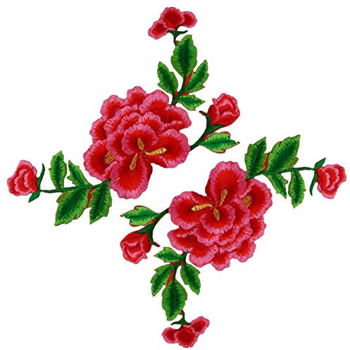 (Pack of 2)Double Layers Peony Flowers on Vine Embroidered Appliques Sew or Iron on Patches-Red
