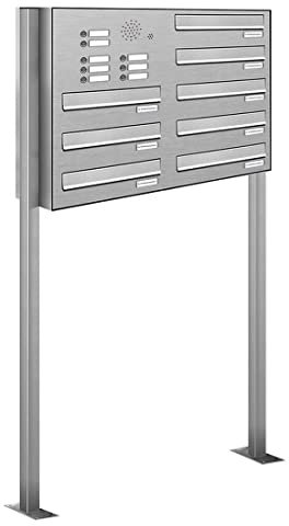 AL Briefkastensysteme 8er Edelstahl Durchwurfbriefkasten mit Klingel, Standbriefkasten modern, 8 Fach Briefkastenanlage V2A Edelstahl Postkasten