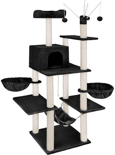 tectake® Árbol Rascador para Gatos con Hamaca, Plataformas, Bolas de Juego, Juguetes y Plataforma de Descanso - Protección Antivuelco - Negro