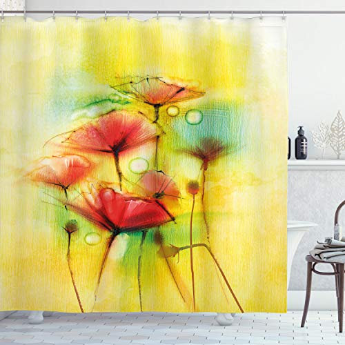 ABAKUHAUS Blumen Duschvorhang, Mohnblumen-Blumen-Blüten, Stoffliches Gewebe Badezimmerdekorationsset mit Haken, 175 x 200 cm, Gelb Rot