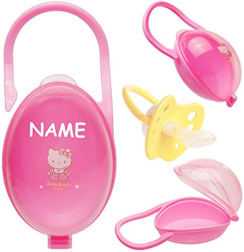 alles-meine.de GmbH Schnullerbox/Dose - bis 2 Schnuller - mit Henkel - Haken - Helllo Kitty - Katze - inkl. Name - BPA frei - Schnullerdose - für Mädchen/Kinder Baby - Kunsts..