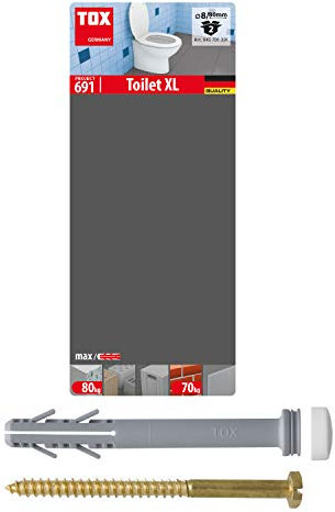 TOX Stand-WC-Befestigung Toilet XL 8x80, kleine Abdeckkappen weiß, graue Spreizdübel mit Schaft und Aufnahme für kleine Abdeckkappen, Messingschrauben 6x85, 2 Stück im Blister, 045701391