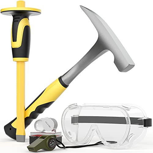 INCLY Juego de 5 piezas de equipo de púas de roca geológica, martillo de roca de 32 onzas con cincel de hormigón Mason de 12 pulgadas, gafas de seguridad, silbato, lupa de joyería, juego de