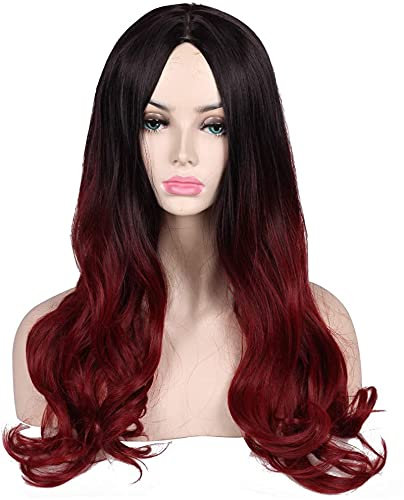 Wächter der Galaxie (Gamora) Cosplay-Perücken für Mädchen langes lockiges gewelltes wellenförmiges hitzebeständiges synthetisches Faserhaar (Omber schwarz rot) 24 Zoll chenghuax