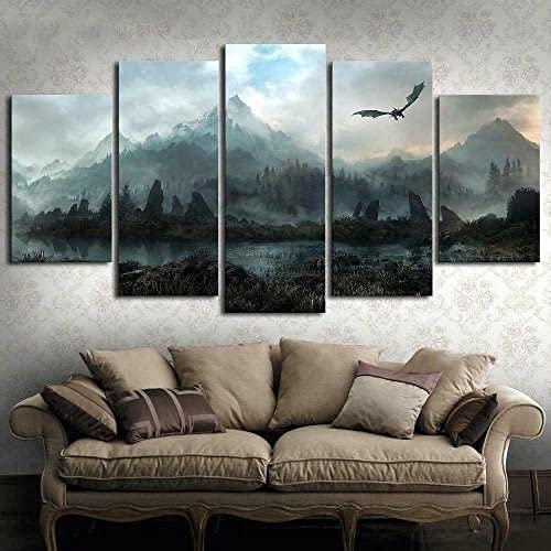 YUANJUN Puzzle 5 TLG Kunstdruck Modern Wandbilder Design Tapete Eingerahmt Bilder Drucke Leinwand Wandkunst Wohnkultur Gem?Lde Poster Mehrteilig XXL Drachen Skyrim