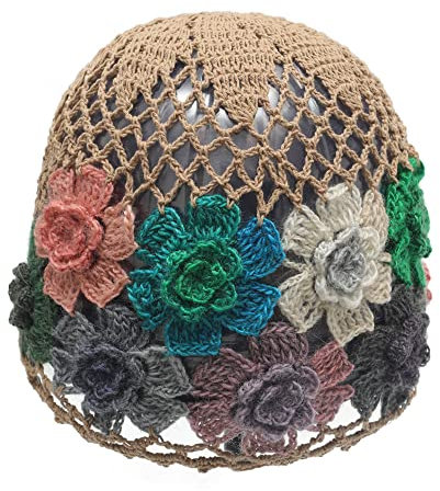 ZLYC Häkelmütze mit Totenkopf aus Baumwolle Beanie-Mütze, Khaki Blumen, Einheitsgröße
