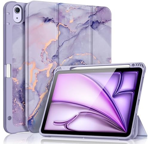Fintie Hülle für iPad Air 11 Zoll M3 (2025)/M2 (2024), iPad Air 5. Generation (2022)/4. Gen 2020 10,9 Zoll mit Stifthalter, Soft TPU Rückseite Abdeckung Schutzhülle Intelligent Case, Marmor Lila
