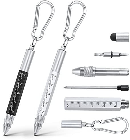Vicloon Multi Tool Pen, 6 in 1 Multitools Gadgets for Men Dad, Grandad Gifts Include Ballpoint Pen, Touchscreen Stylus, Ruler, Carabiner, Flat and Phillips Screwdriver Dad Gifts (Black+Silver)