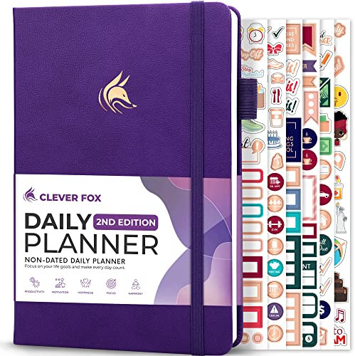 Clever Fox Tagesplaner 2. Auflage – undatierter Zeitblock-Aufgaben-Organizer mit Stundenplan & To-Do-Liste – A5, 6 Monate (lila)