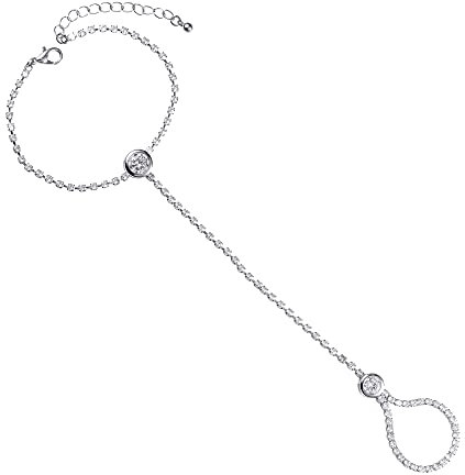 ZAVANA Silber Slave Armkette für Damen und Mädchen, Handkette mit Fingerring, Bohemian Handschmuck, silbernes Hand- und Ring-Armband mit Kristallen, Boho-Handschmuck für Frauen