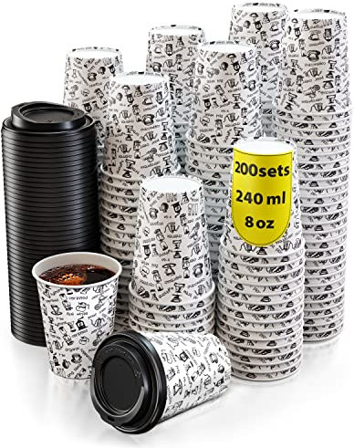 200 Pappbecher 240ml mit Deckel - Kaffeebecher to Go Zum Servieren von Kaffee, Tee, Heißen und kalten Getränken