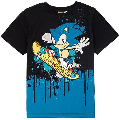 Sonic The Hedgehog Kids T-Shirt | Boys Girls Character Skateboarding Short Sleeve Black Top | Game Movie Merchandise