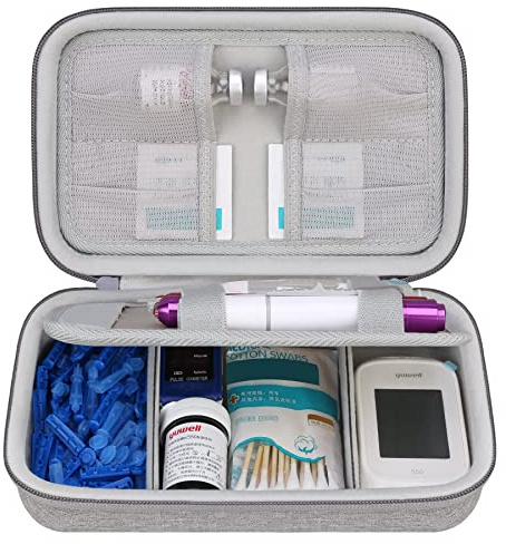 Elonbo Valise de Voyage pour diabétiques, Sac de Rangement Portable pour glucomètre, Stylo à insuline et étui de Transport de médicaments pour glucomètre, Stylo à insuline, Papier d'essai, Gris.