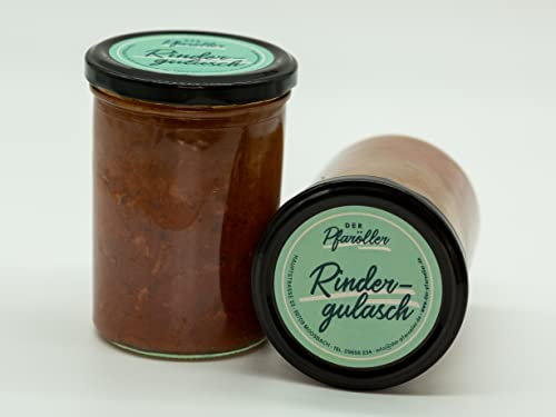 DER PFARÖLLER Hausgemachtes Rindergulasch - 2 Gläser mit jeweils 400 gr. – Rindfleischragout im Glas – Fertiggericht für Topf & Mikrowelle, nachhaltig & köstlich (1er Set)