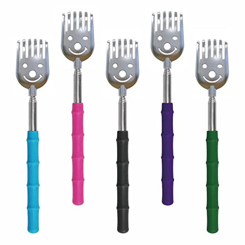 CERRXIAN Lot de 5 Gratte-dos télescopiques,Gratte-dos extensible portable, Gratte-dos télescopiques en métal/Masseur à main avec poignées en caoutchouc souple pour adultes,animaux de compagnie (Silver