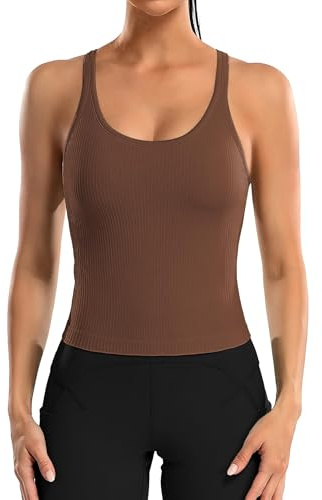 ATTRACO Sleeveless Workout Shirts for Women Padded Racerback Tank Tops Coffee Brown S
