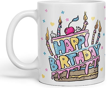 Vixar Happy Birthday Mug Cake Ceramic Coloured Mug Cup Gift Tea Coffee Christmas Office Home (White)