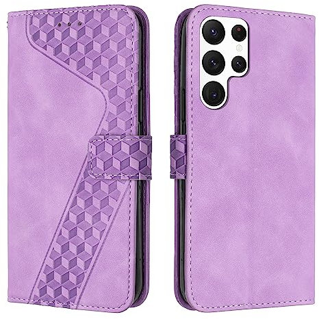 TOHULLE Case for Samsung Galaxy S23 Ultra 5G, Premium PU Leather Wallet Case Card Holder Kickstand Magnetic Closure Plaid Embossed Shockproof Flip Folio Case Cover for Samsung S23 Ultra - Purple