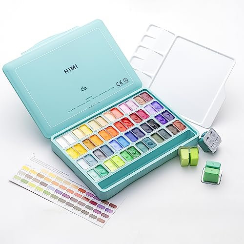 HIMI Twin Cup Jelly Gouache Paint Set, 48 Colors 12g, Jelly Cup Design, Non Toxic Paint for Canvas and Paper, Art Supplies for Professionals (Green Case)