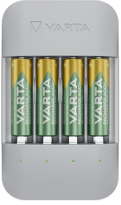 VARTA Eco Charger Pro Recycled, Battery Charger for 4x NiMH AA 2100mAh, 75% Recycled Materials, Modern Design, Safety Tech, USB Type C, Includes 4 AA Recycled Accus, Plastic-free Packaging