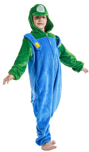 Ficlwigkis Mario Luigi Kostüm Onesie Jumpsuit Kostüm Pyjama Fasching Kostüm für Damen Herren Erwachsene Karneval Halloween Mario Kostüm (Grün/Kinder, 120)